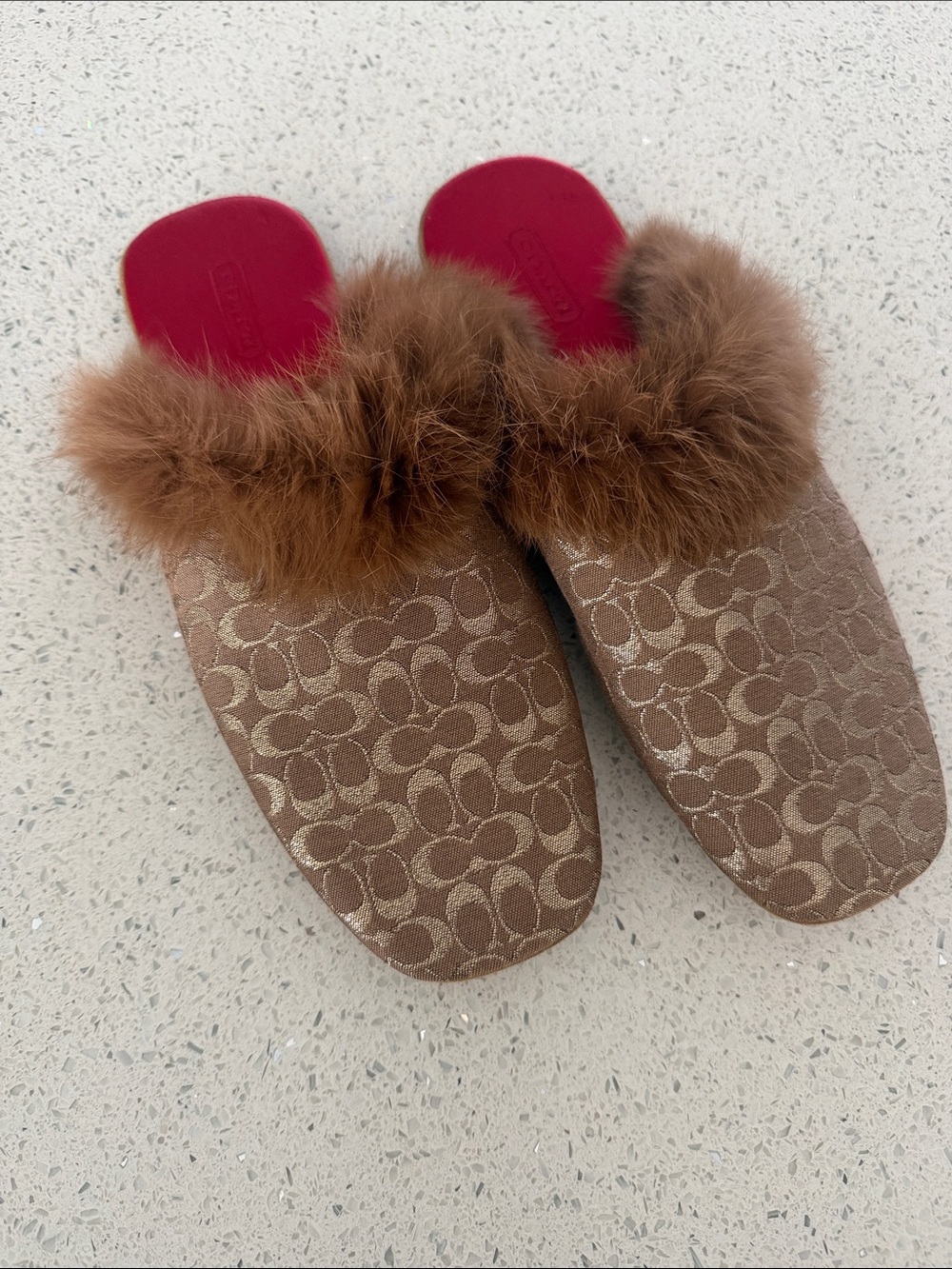Coach Brown and Gold Rabbit Fur Slide Slippers with Red Insole